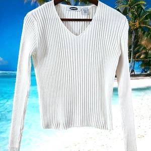 Old Navy Poor-boy Ribbed Pullover Sweater Size L White Cotton Boho Y2K Preppy - Picture 1 of 11