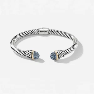 5mm Women's Braided Cable Bracelet with Blue Diamonds Sterling Silver & 14k Gold - Picture 1 of 5