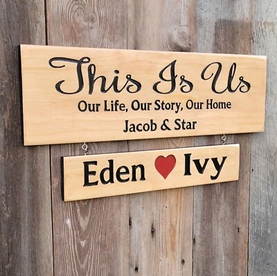 Personalized This Is Us Carved Wooden Sign with Kids Names and Heart Add On - Image 1 of 4