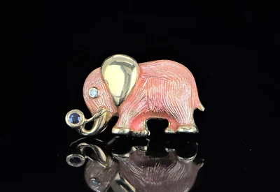 Broche prendedor Fabergé oro amarillo de 18 quilates zafiro azul redondo esmalte diamante elefante Foto 1 de 4