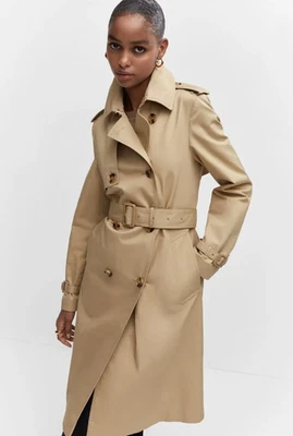 NUEVO MANGO BEIGE POLANA CLÁSICO GABARDINA ABRIGO CON CINTURÓN TALLA XXS Foto 1 de 4