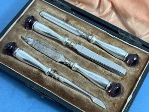 BOXED ANTIQUE EDWARDIAN SOLID SILVER AMETHYST SCOTTISH STYLE MANICURE SET - Picture 1 of 19