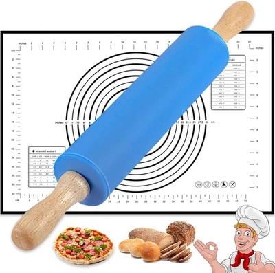 Teigroller Nudelholz Silikon Teigausroller Ausroller Nudelrolle mit Backmatte - Bild 1 von 4