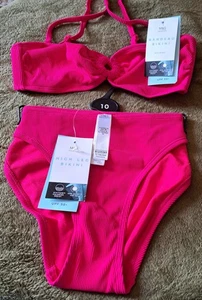 M&S 2 piece bikini set Size 10 fuchsia Pink high leg & bandeau bikini BRAND NEW - Picture 1 of 4
