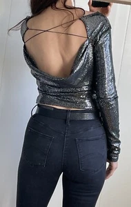 Free People Top Sequins Open Back Size 10 Long Sleeve Metallic Jumper - Picture 1 of 22