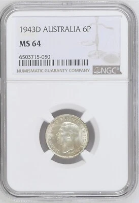 AUSTRALIA 6 Pence 1943-D, Silver, KGVI, NGC MS 64 Choice UNC / BU, Luster.   A2 - Image 1 of 2