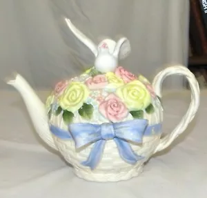 Fitz & Floyd Teekanne - weiße taubenblaue Schleife gelb & rosa Rosen Henkel 1990 - Bild 1 von 6