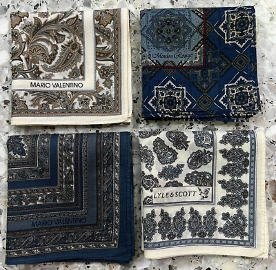 4 CLASSIC VTG ART PAISLEY HANDKERCHIEF COTTON MEN POCKET SQUARE 17" BLUE & BROWN Foto 1 de 4