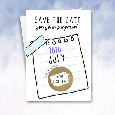 SQUIDGEMAKES Save the date Surprise Scratch Personalised holiday reveal Gift staycation iou