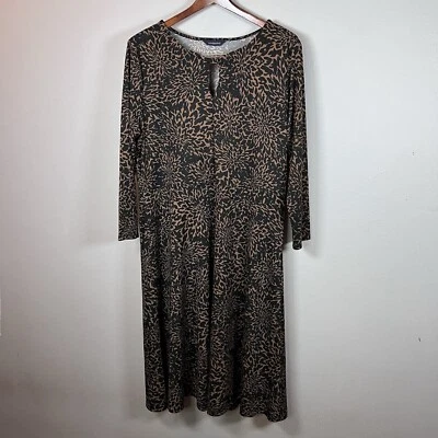 Lands' End 黑色和棕色花卉图案迷笛连衣裙 16 码弹力 — 第 1/4 张图片