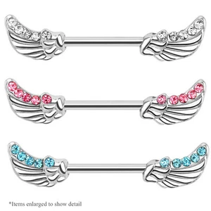 Nipple Piercing Barbell - Pair of Angel Wing Design with CZ Gems - Picture 1 of 1