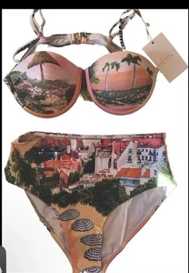 NUEVO CON ETIQUETAS ENDLESS MOON 2 Piezas Bikini Traje de Baño SM Riviera Positano Palmas $85 Tazas Elevadoras - Imagen 1 de 13