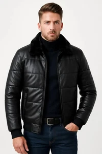 Men’s Black Real Sheepskin Faux Fur Collar Winter Padded Leather Puffer Jacket - Picture 1 of 4