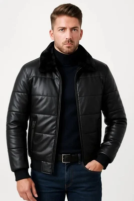 Men’s Black Real Sheepskin Faux Fur Collar Winter Padded Leather Puffer Jacket - Image 1 of 4