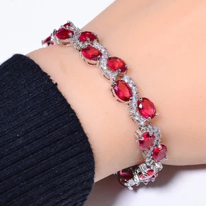 Pink Rubellite Tourmaline & CZ 925 Sterling Silver Tennis Bracelet 7.99" B97063 - Picture 1 of 4