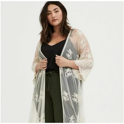 Torrid Ivory Mesh Embroidered Duster Kimono Size 00 (M/L 10) Boho Sheer Lace - Image 1 of 4