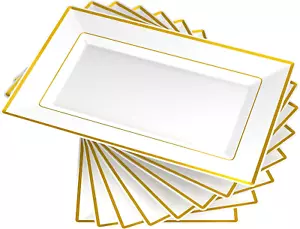 8 PCS Plastic Serving Trays, White and Gold Rim Plastic Serving Platters, Dispos - Picture 1 of 12