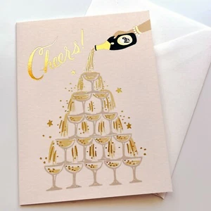 RIFLE PAPER CO. Greeting Card & Envelope - "CHAMPAGNE TOWER CHEERS" Pink Metalli - Picture 1 of 3