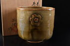 F8166: Japanese Oribe-ware Green glaze TEA BOWL Green tea tool w/signed box
