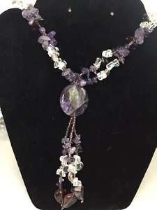 Amethyst Geode Chip Tassel Necklace 30” Long J37 - Picture 1 of 6