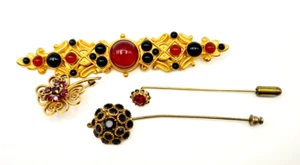 4 Gold-Plated Red CZ / Synthetic Ruby Flower Brooches / Pins - Picture 1 of 7