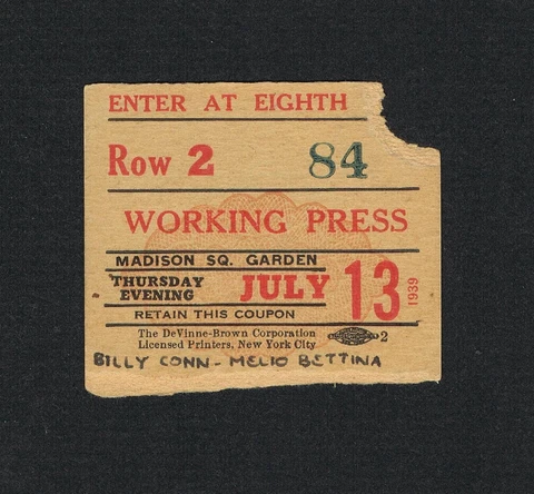 RARE 1939 boxing ticket CHAMPIONSHIP BILLY CONN v MELIO BETTINA, CONN WINS TITLE Cover