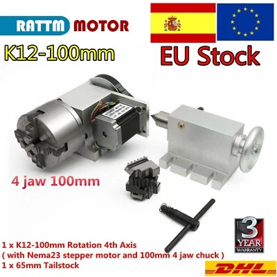 K12-100mm 4jaw chuck Rotary A Axis 4th Axis for CNC Router Machine Ratio 6:1【ES】 - Immagine 1 di 4