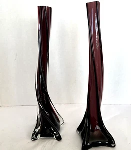 Bordeaux gefasst Twist Stretch gebogene Vasen Paar 12" hoch Vintage R360 - Bild 1 von 8