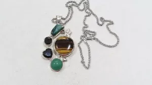 Sterling silver tiger'e eye green gemstone chrysoprase black onyx pendant 925 - Picture 1 of 5
