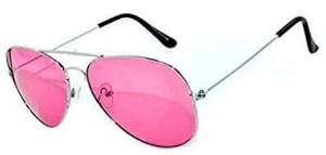 PINK LENS AVIATOR STYLE SILVER METAL FRAME WOMENs MENs SUNGLASSES 90 SHADES UVB - Picture 1 of 7