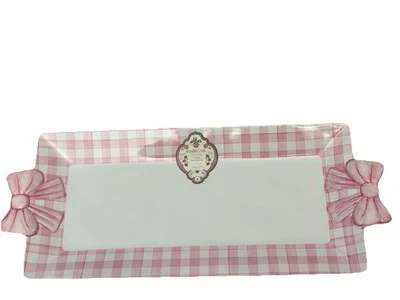 Shabby Chic Farmhouse Pink Gingham & Bow Melamine Serving Tray Platter NEW - Image 1 of 3