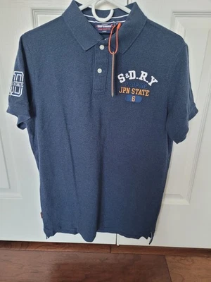 NWT Superdry Superstate Pique Short Sleeve Navy Polo Shirt Men’s L 100% Cotton - Image 1 of 4