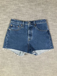 Levis 501 Shorts Womens 27 Blue Mid Rise Denim Frayed Raw Hem Button Fly Jeans - Picture 1 of 12