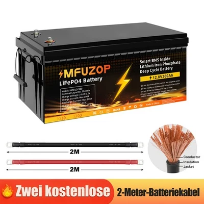 MFUZOP 12V 300AH LiFePO4 Batterie Eingebautes BMS Solar RV + 2m Batteriekabel