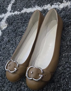 GUCCI GG Logo Buckle Taup Leather Ballet Sachalin Flats Size 8US 38 EU - Picture 1 of 14