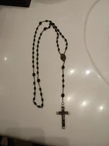 1920's Antique Catholic Carved Ebony Wood Beads France Rosary Necklace - Picture 1 of 5