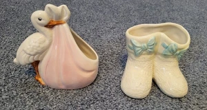 Sylvac Stork Carrying Bundle + Sylvac Baby Bootees Spill Vase? Genuine Pre82 - Picture 1 of 9