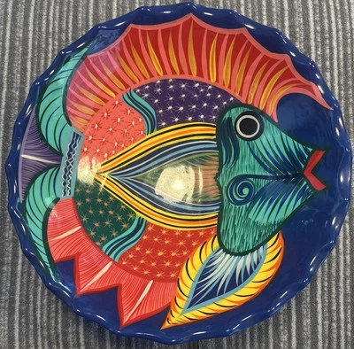 Arte popular mexicano terracota pescado guerrero festivo 12” cuenco para servir pintado a mano Foto 1 de 4