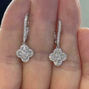 1.50Ct Lab Created Round Diamond Flower Drop/Dangle Earring 14K White Gold Over - Picture 1 of 4