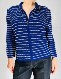ST. JOHN Womans Cardigan Zip Front Top Wool Blend Striped Sweater M Blue White - Picture 1 of 11
