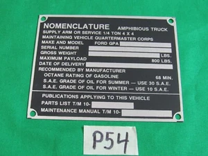 Data Plate Small Nomenclature Fits WWII Ford GPA amphibious jeep (P54) - Picture 1 of 2