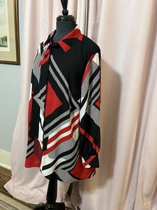 Dennis Basso Woman’s 18W Blouse Design Printed Top Red Black Sheer Button Up - Picture 1 of 15