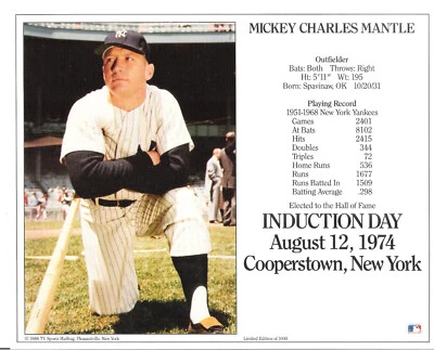 Mickey Mantle + 3 Cooperstown Hall of Fame Induction Day  Cards, excellent. - Image 1 of 4