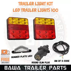 LED 100 TRAILER LIGHTS KIT 7 PIN ROUND PLUG NUMBER PLATE LIGHT 5 CORE CABLE WIRE - Picture 1 of 5