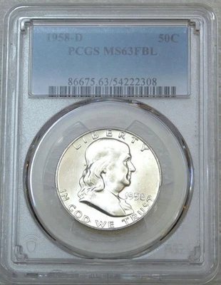 1958-D Franklin Half Dollar PCGS MS63FBL Frosty Just Graded New Holder #T238A - Image 1 of 4