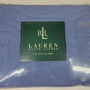 Ralph Lauren Blue White Cape May Narrow Shirting Stripe Full Flat Sheet NEW  - Picture 1 of 3