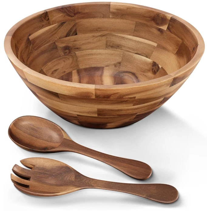 Cuenco grande 12.2" de acacia con utensilios, bol para ensaladas y frutas, Nuevo Foto 1 de 4