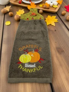 Thanksgiving Hanging Dishtowel "Grateful Blessed Thankful" Monogram Pumpkins - Picture 1 of 6
