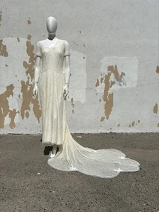 Antique 1920s Lace & Mesh Scalloped Train Bows Wedding Dress M - Picture 1 of 16
