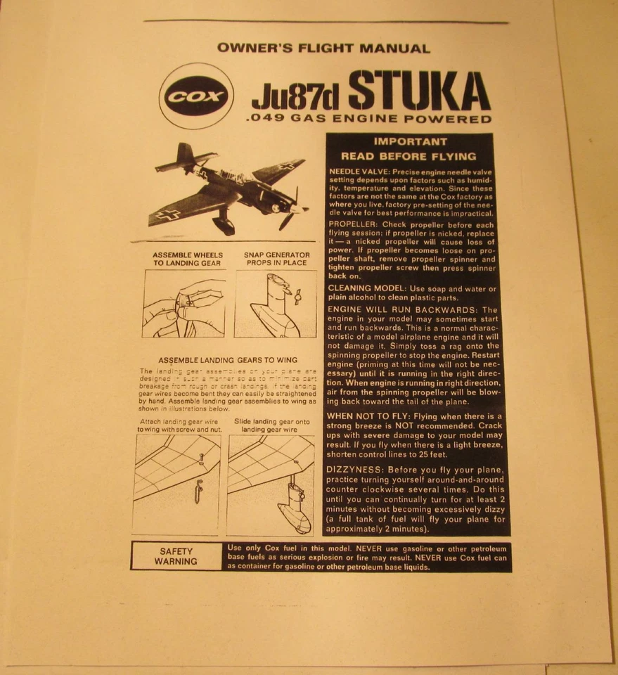 Cox Ju87d Stuka Owner's Flight Manual #6441 Photocopy for .049 Gas Powered Plane - Image 1 of 1
